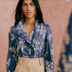 Sezane Chlo Blouse in Blue and Ecru, size 40